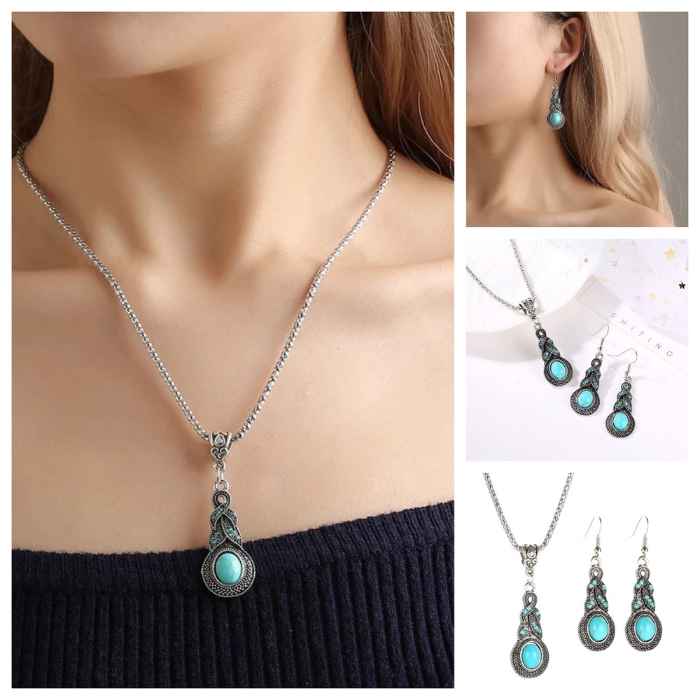 Antique Turquoise Tear Drop 2 Piece Jewelry Set. Necklace, Earrings